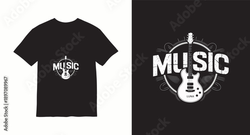 Music guitar t-shirt design with electric guitar illustration and distressed vintage typography
