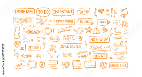 Collection of Hand-Drawn Notes and Icons for Organization and Planning