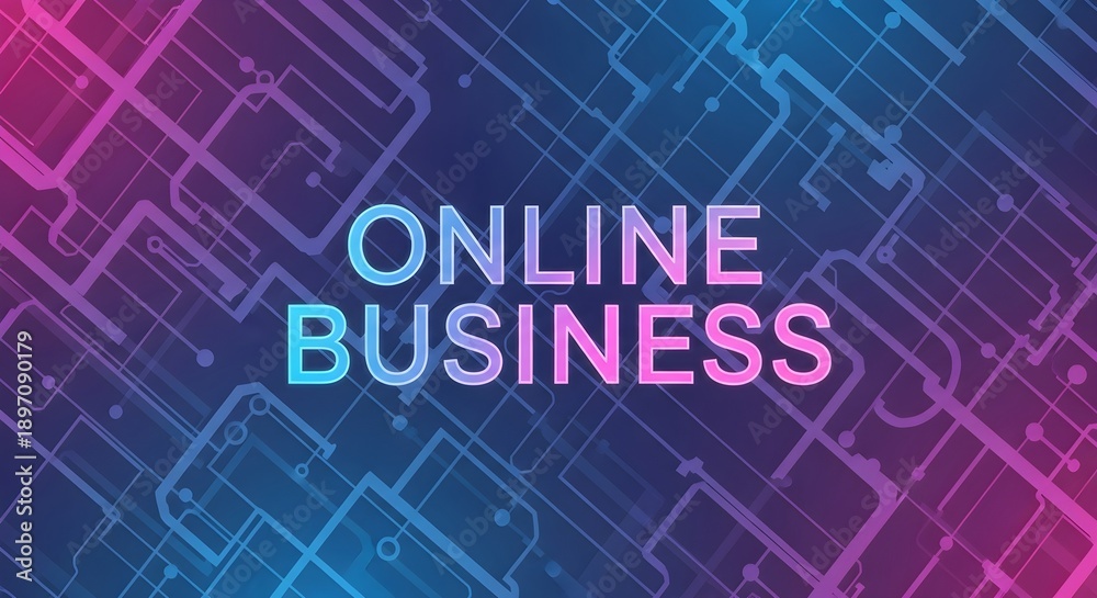 Obraz premium A vibrant online business concept illustration featuring mobile devices and circuitry in a futuristic landscape viewed from a slight angle with neon lights and digital connectivity.