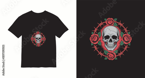 Skull and red roses framed by barbed wire gothic design