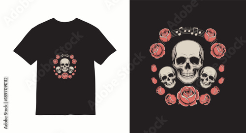 Multiple skulls and roses with musical notes gothic music theme