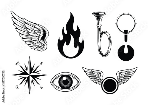 Collection of Stylized Black and White Icons: Wings, Fire, Horn, Eye, Compass