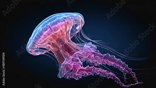 A luminescent jellyfish floats in a dark ocean, exhibiting a range of vibrant colors and elegant tendrils