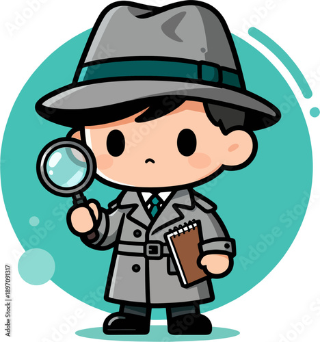 Kawaii Chibi Detective with Magnifying Glass and Notebook in Gray Trench Coat, Cute Cartoon Vector