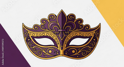 Purple Venetian Carnival Mask with Gold Ornaments on White Background