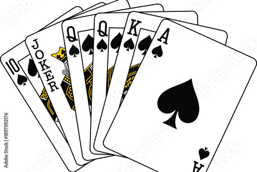 Spade suit playing cards, stylized royal flush with Joker, bold black symbols, poker hand illustration, minimal casino design, vector graphic