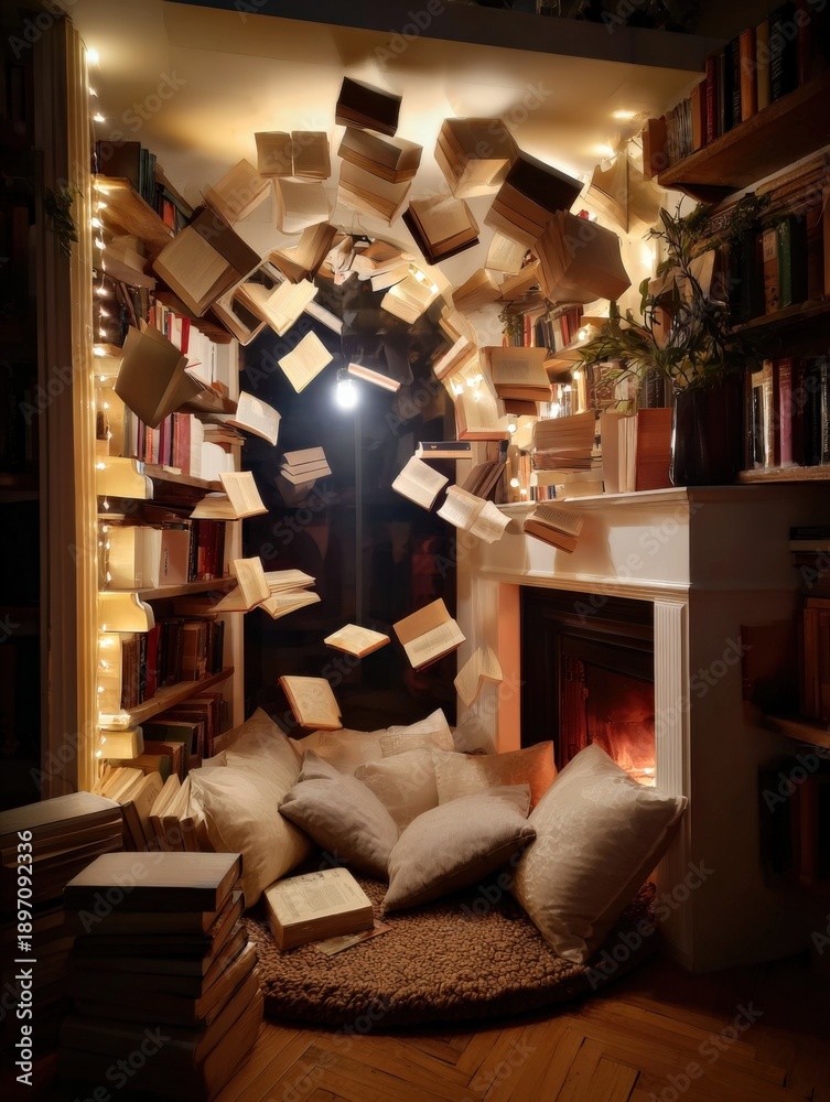 Fototapeta premium Cozy reading nook with floating books and pillows near warm fireplace
