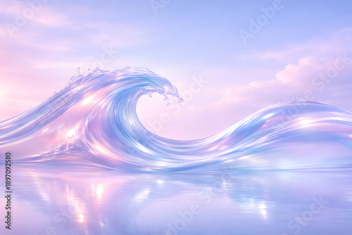 A serene wave crashes on a pastel colored beach at sunset with soft pink and blue hues