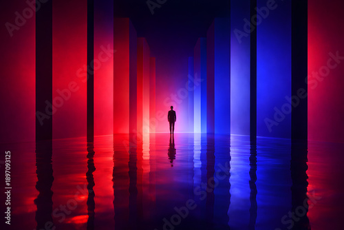 A person standing in a dark room with red and blue lights shining through columns