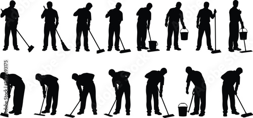Black silhouette set of professional cleaners mopping sweeping and washing floors isolated on white background representing janitorial service housekeeping maintenance work and hygiene concept