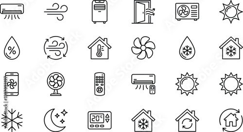 Minimal HVAC and climate control line icon set featuring air conditioning, ventilation, heating, humidity and smart home temperature symbols for appliances, systems, web and UI design