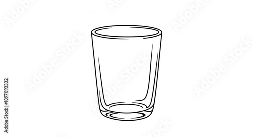 Simple clear glass cup on white background line art.
