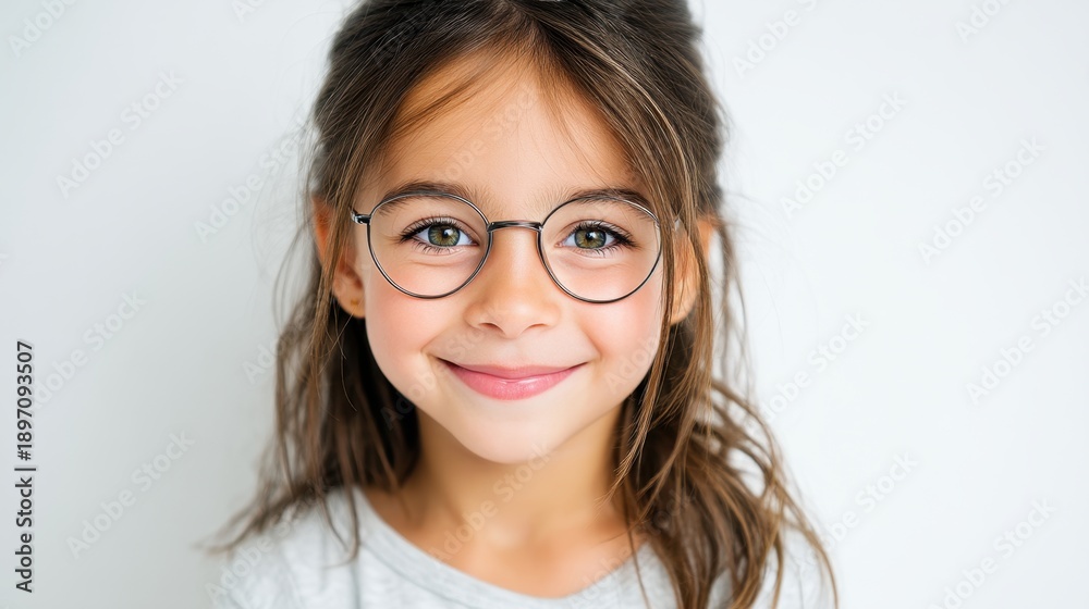 Fototapeta premium Smiling caucasian female child with glasses on white background.