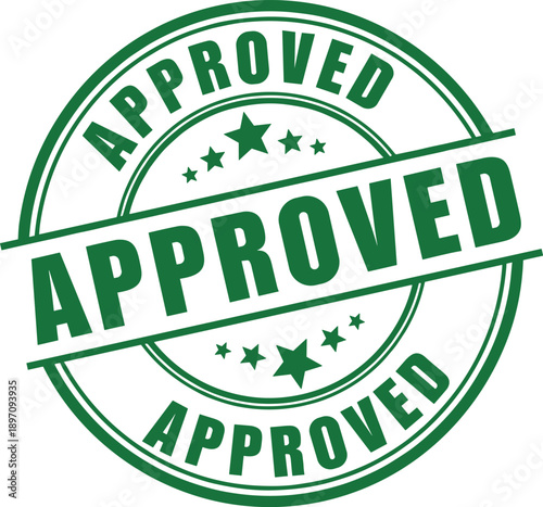 Green approved stamp vector illustration with bold text and stars, circular design for validation, authorization, and official approval