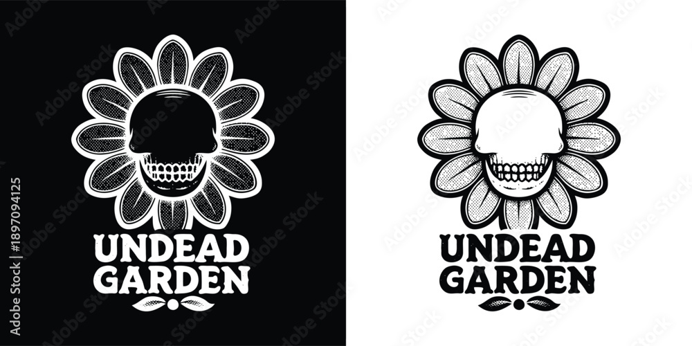 Fototapeta premium Graphic design featuring a macabre floral skull emblem labeled undead garden presented in both black and white contrast styles