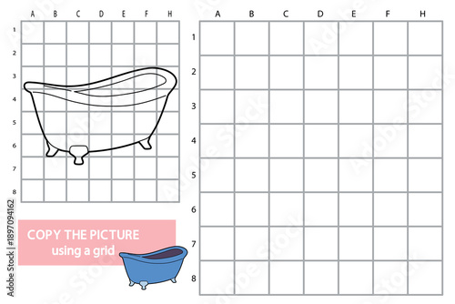 Educational worksheet for kids to copy a bathtub picture using a grid. Drawing activity for children, pencil control and visual skills practice, printable learning game, vector illustration.