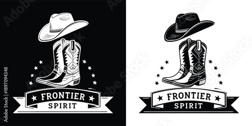 Western style design featuring detailed cowboy boots and a classic hat above a banner proclaiming frontier spirit shown in negative and positive contrast