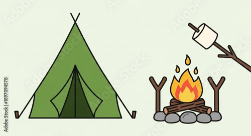 Green camping tent and campfire with marshmallow on stick.