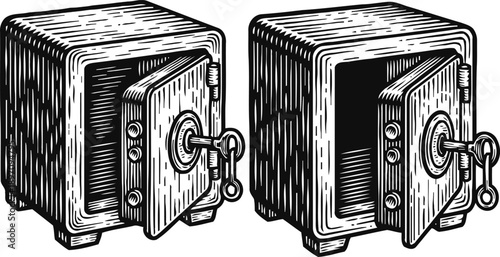 Vintage safe with key illustration old fashioned secure lockbox, hand drawn antique strongbox open and closed views