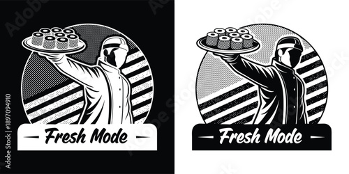 Black and white logo design featuring a chef or server presenting a platter of freshly made sushi rolls ready for consumption