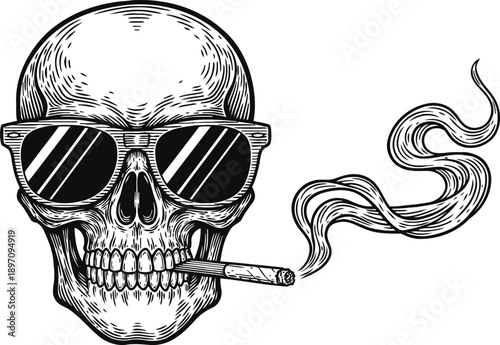 Skull wearing sunglasses smoking cigarette with swirling smoke vintage tattoo illustration for edgy design and fashion
