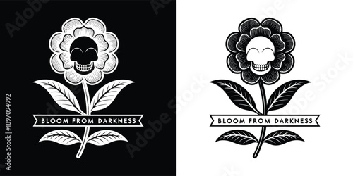 Vintage inspired graphic design features a stylized flower with a human skull at its center symbolizing rebirth and life overcoming adversity