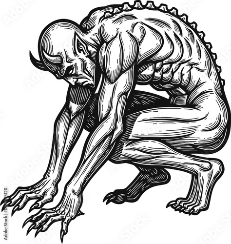 muscular demon crouching with claws extended, detailed black and white illustration