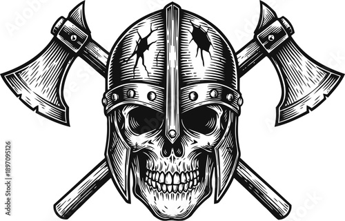 Viking skull wearing battle helmet with crossed axes behind, fierce warrior symbol design
