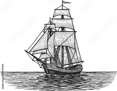 Old sailing ship with billowing sails on calm sea waves vintage naval vessel illustration