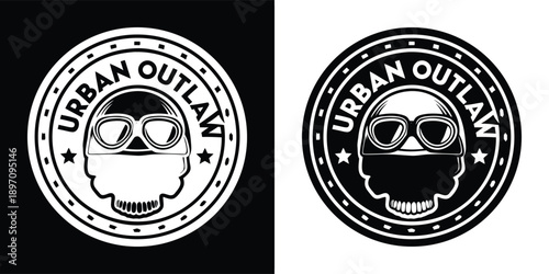 Urban outlaw skull wearing goggles and a face covering presented in a circular badge design for apparel or branding purposes