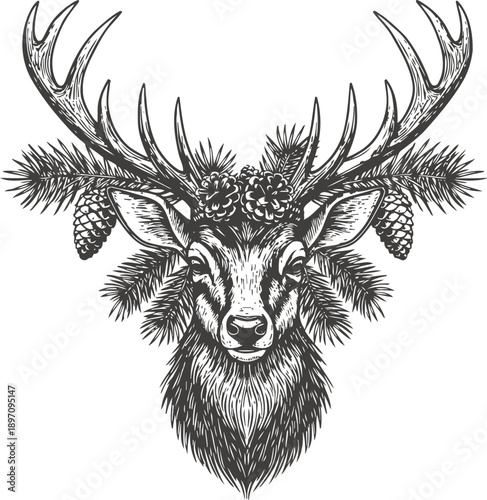 Detailed monochrome deer head with antlers decorated by pine branches and cones, vintage wildlife illustration