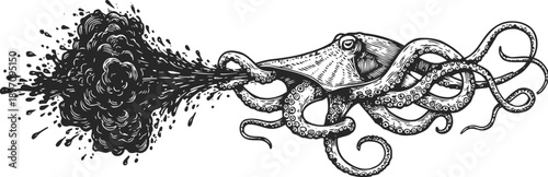 Black and white ink illustration of a squid ejecting ink cloud underwater