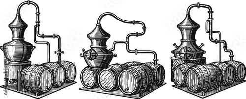 Vintage whiskey distillation equipment with wooden barrels in rustic illustration set