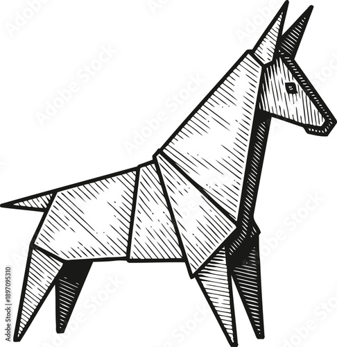 Origami dog illustration hand drawn black and white paper folded animal art