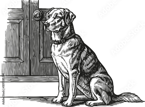 detailed black and white vintage illustration of a dog sitting patiently by a closed wooden door