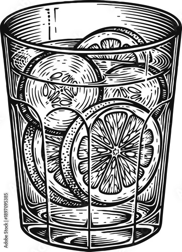 Glass tumbler with ice cubes and lemon slices, refreshing cold beverage illustration