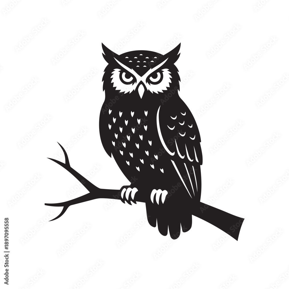 Obraz premium Detailed owl silhouette perched on branch isolated on white background