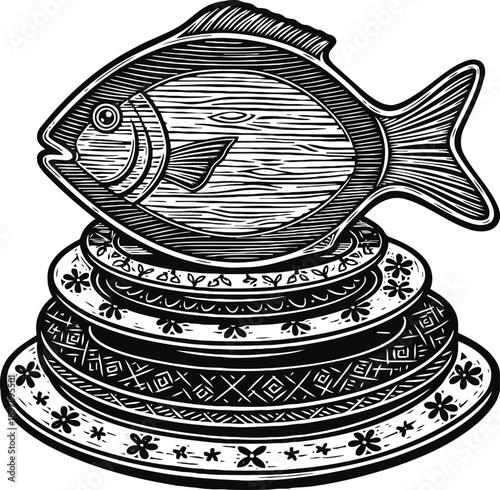 woodcut fish on stack of decorative plates illustration, vintage seafood dinner concept