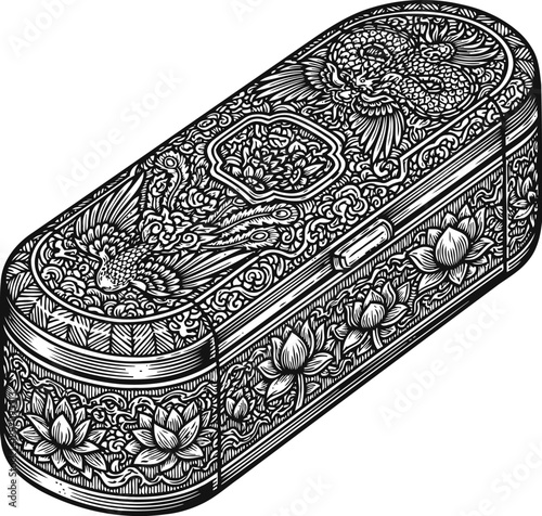 Intricate vintage jewelry box with floral and bird engravings, ornate metalwork collectible container
