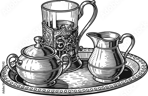 Vintage tea set with ornate glass holder, sugar bowl, creamer, and serving tray in detailed sketch