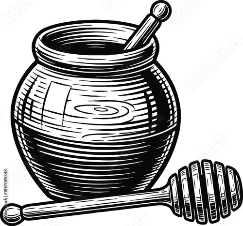 Woodcut honey jar with honey dipper stick illustration traditional natural sweetener container vintage engraving design