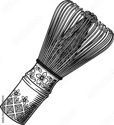 Traditional japanese matcha tea whisk with floral patterns on handle detailed line art illustration