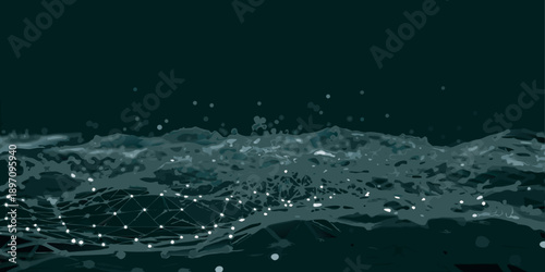 Abstract digital landscape with glowing network connections and dark teal tones
