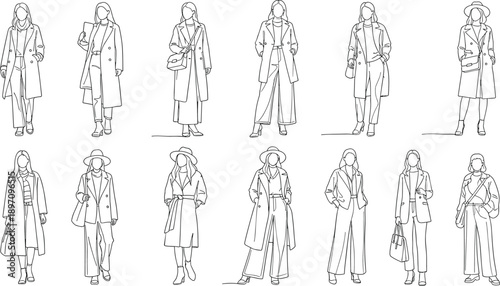 Fashion figure sketch, coat outfit, stylish woman, line drawing, contemporary style, accessories pose, runway look, flat vector illustration
