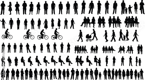 Human silhouette activity grid, walking pose, family interaction, cycling icon, stroller motion, social gesture, flat vector illustration