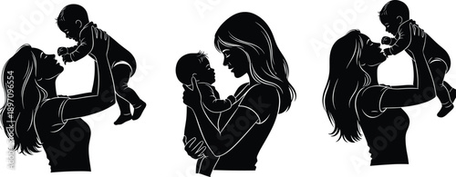 Mother baby silhouette, lifting pose, close embrace, loving gaze, nurturing bond, emotional moment, parenting care, flat vector illustration