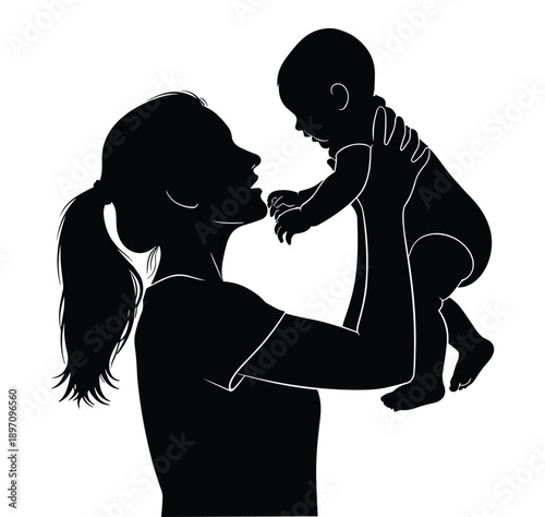 Mother baby silhouette, lifting pose, joyful moment, nurturing bond, affectionate gesture, family love, emotional care, flat vector illustration