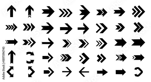 Versatile Collection of Black Geometric Arrow Icons and Navigation Symbols for Digital Interface and Graphic Design