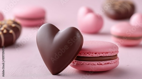 Heart-Shaped Chocolate and Pink Macarons on a Soft Pink Background for Sweet Treat Lovers