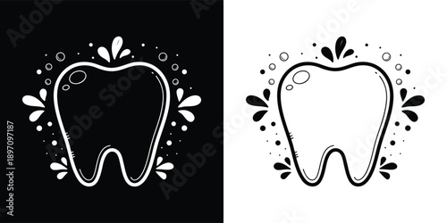 Stylized black and white tooth icons with decorative bubbles and splash elements presented in positive and negative formats